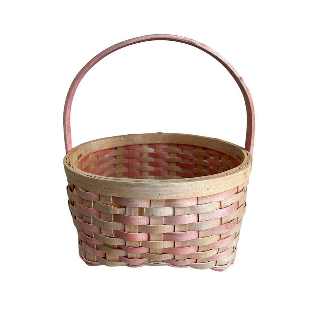 Vintage Pink and wood Woven Basket with Handle 9”x9” Round